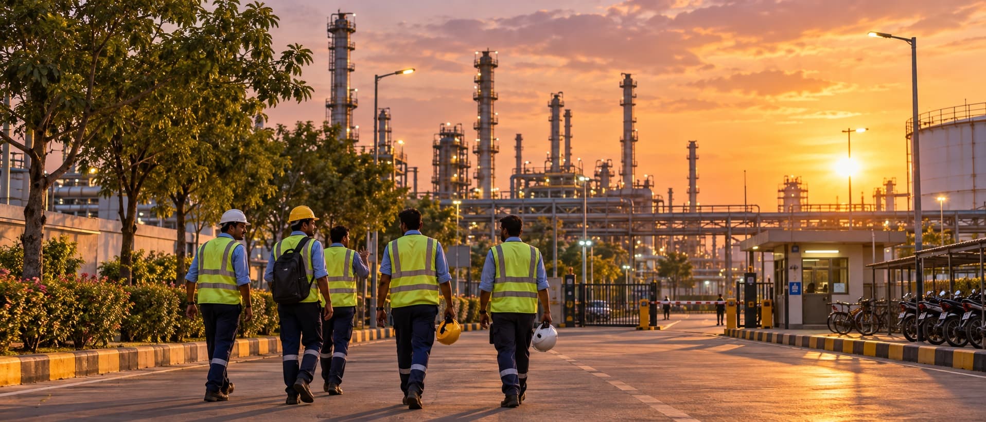 Plant workers walking toward the gate at shift change in a Gujarat industrial estate at golden hour